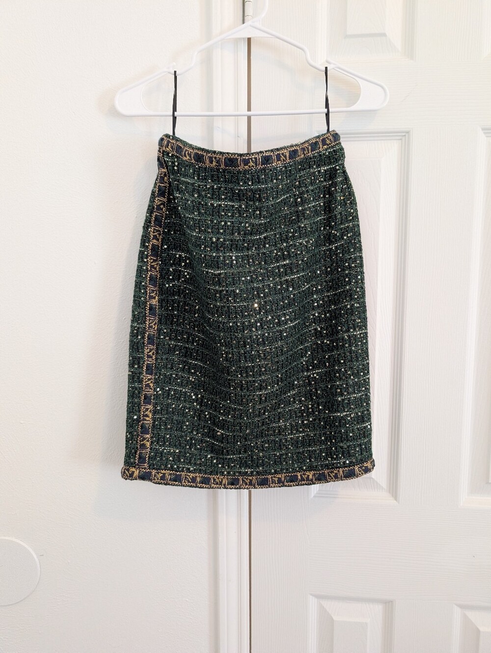 Chanel Green Tweed A-Line Skirt with Braided Trim